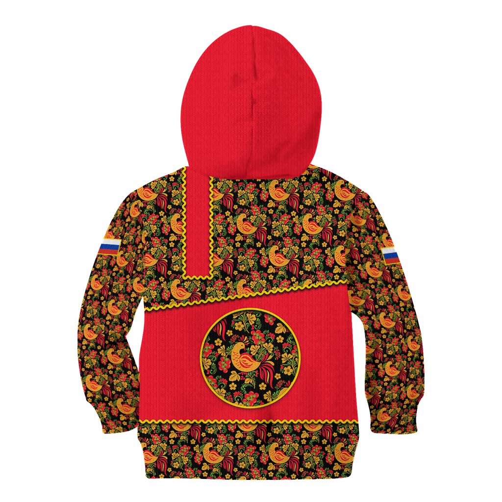Russia Folk Art Kid Hoodie with Khokhloma Pattern and Traditional Rooster Design