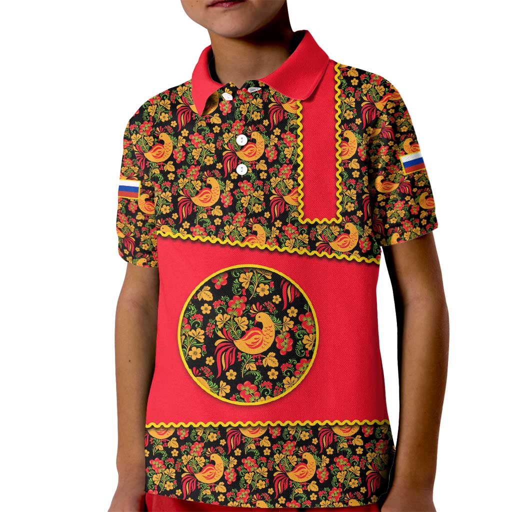 Russia Folk Art Kid Polo Shirt with Khokhloma Pattern and Traditional Rooster Design