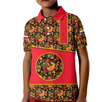 Russia Folk Art Kid Polo Shirt with Khokhloma Pattern and Traditional Rooster Design