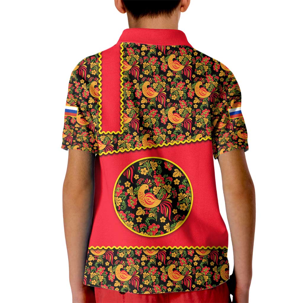Russia Folk Art Kid Polo Shirt with Khokhloma Pattern and Traditional Rooster Design