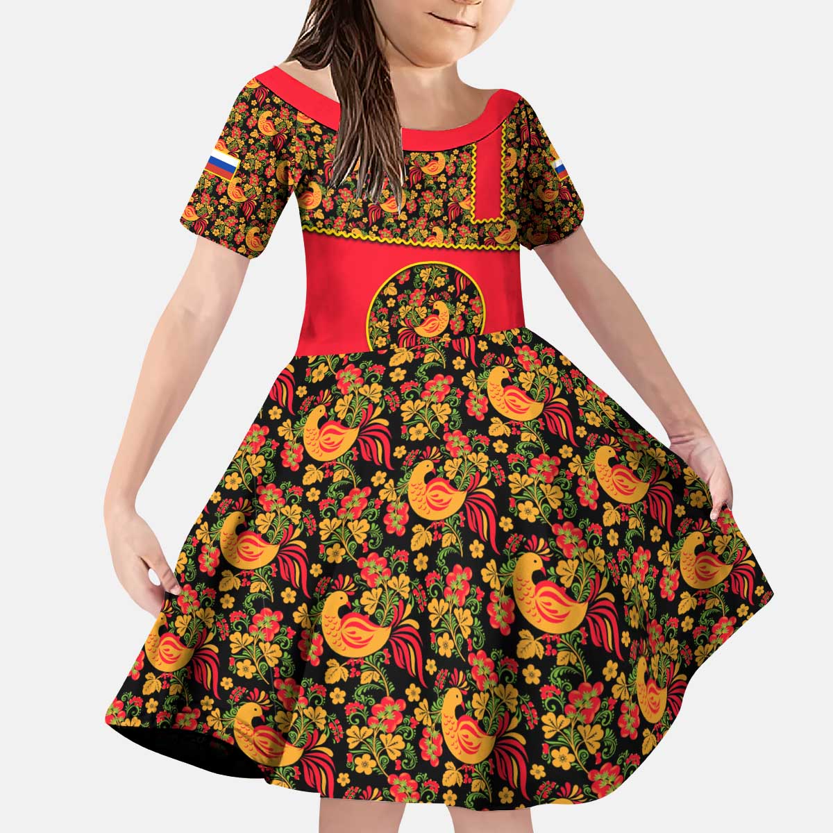 Russia Folk Art Kid Short Sleeve Dress with Khokhloma Pattern and Traditional Rooster Design