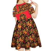 Russia Folk Art Kid Short Sleeve Dress with Khokhloma Pattern and Traditional Rooster Design