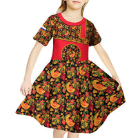 Russia Folk Art Kid Short Sleeve Dress with Khokhloma Pattern and Traditional Rooster Design