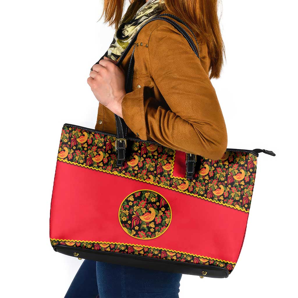 Russia Folk Art Leather Tote Bag with Khokhloma Pattern and Traditional Rooster Design