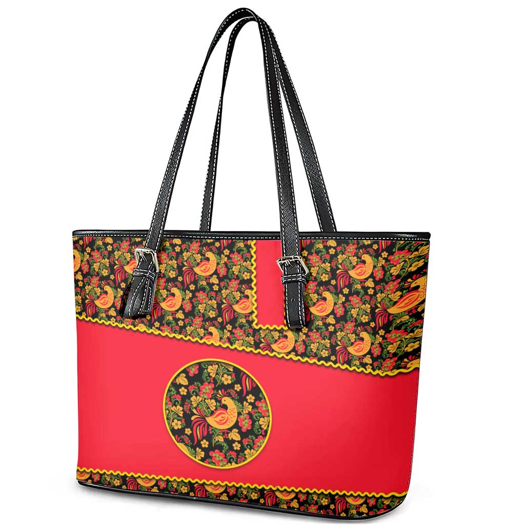 Russia Folk Art Leather Tote Bag with Khokhloma Pattern and Traditional Rooster Design