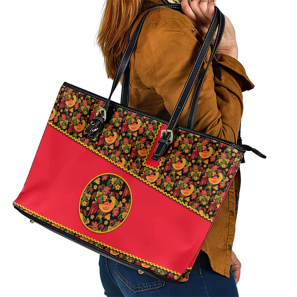 Russia Folk Art Leather Tote Bag with Khokhloma Pattern and Traditional Rooster Design