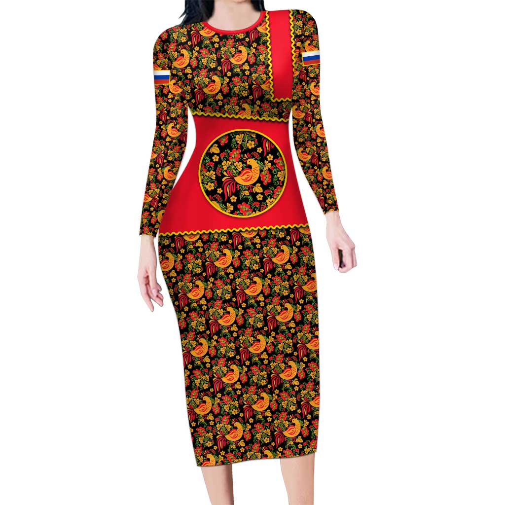 Russia Folk Art Long Sleeve Bodycon Dress with Khokhloma Pattern and Traditional Rooster Design