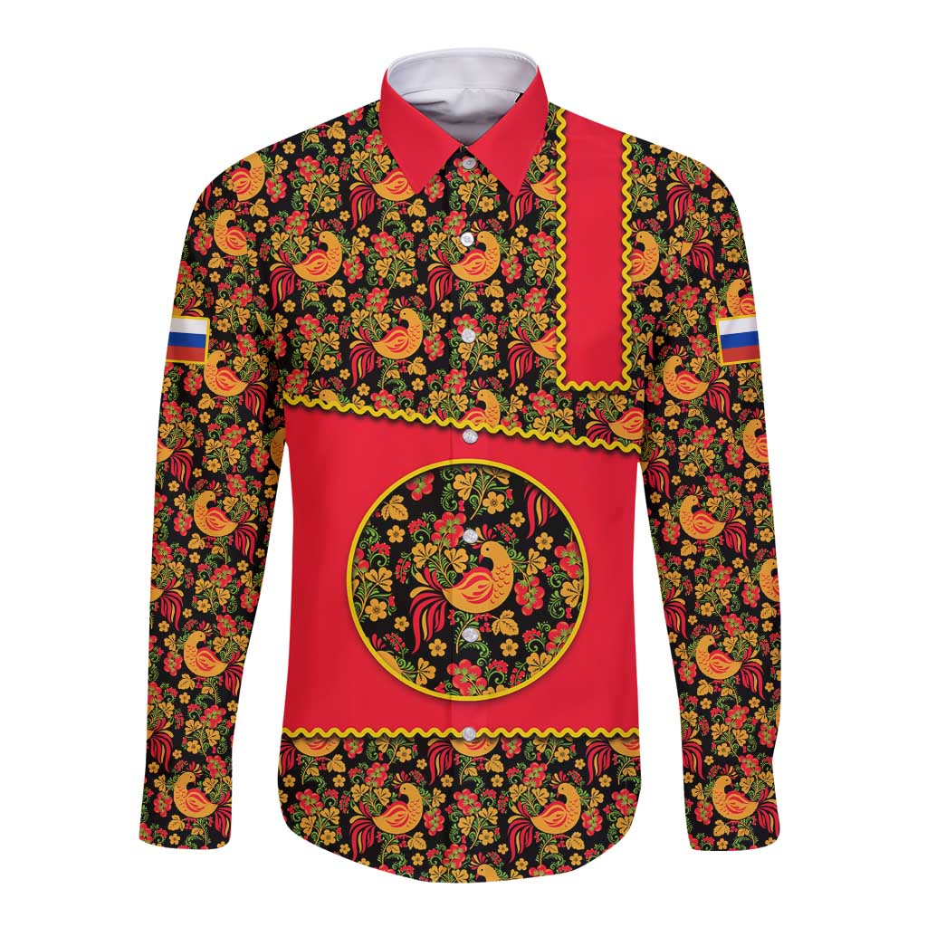 Russia Folk Art Long Sleeve Button Shirt with Khokhloma Pattern and Traditional Rooster Design