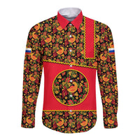 Russia Folk Art Long Sleeve Button Shirt with Khokhloma Pattern and Traditional Rooster Design