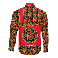 Russia Folk Art Long Sleeve Button Shirt with Khokhloma Pattern and Traditional Rooster Design