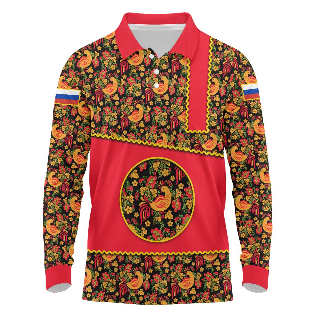 Russia Folk Art Long Sleeve Polo Shirt with Khokhloma Pattern and Traditional Rooster Design