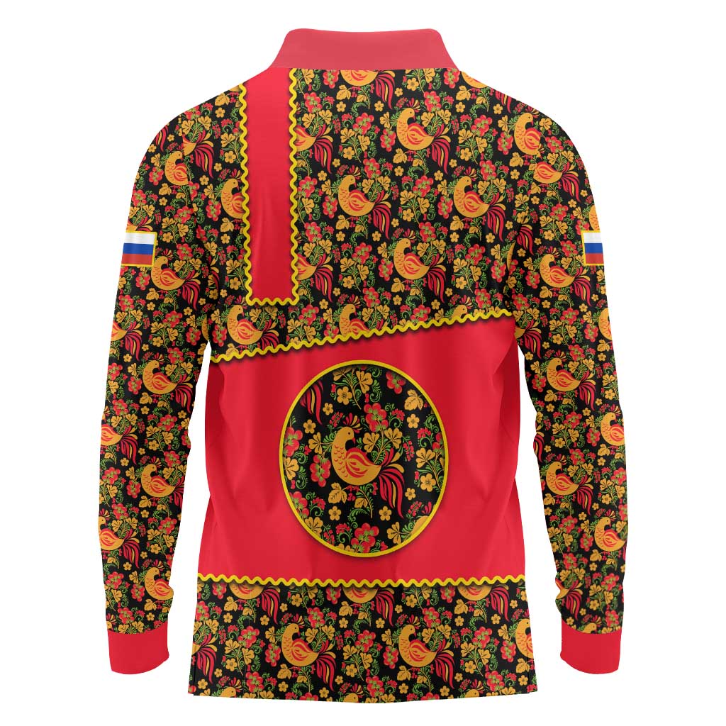 Russia Folk Art Long Sleeve Polo Shirt with Khokhloma Pattern and Traditional Rooster Design