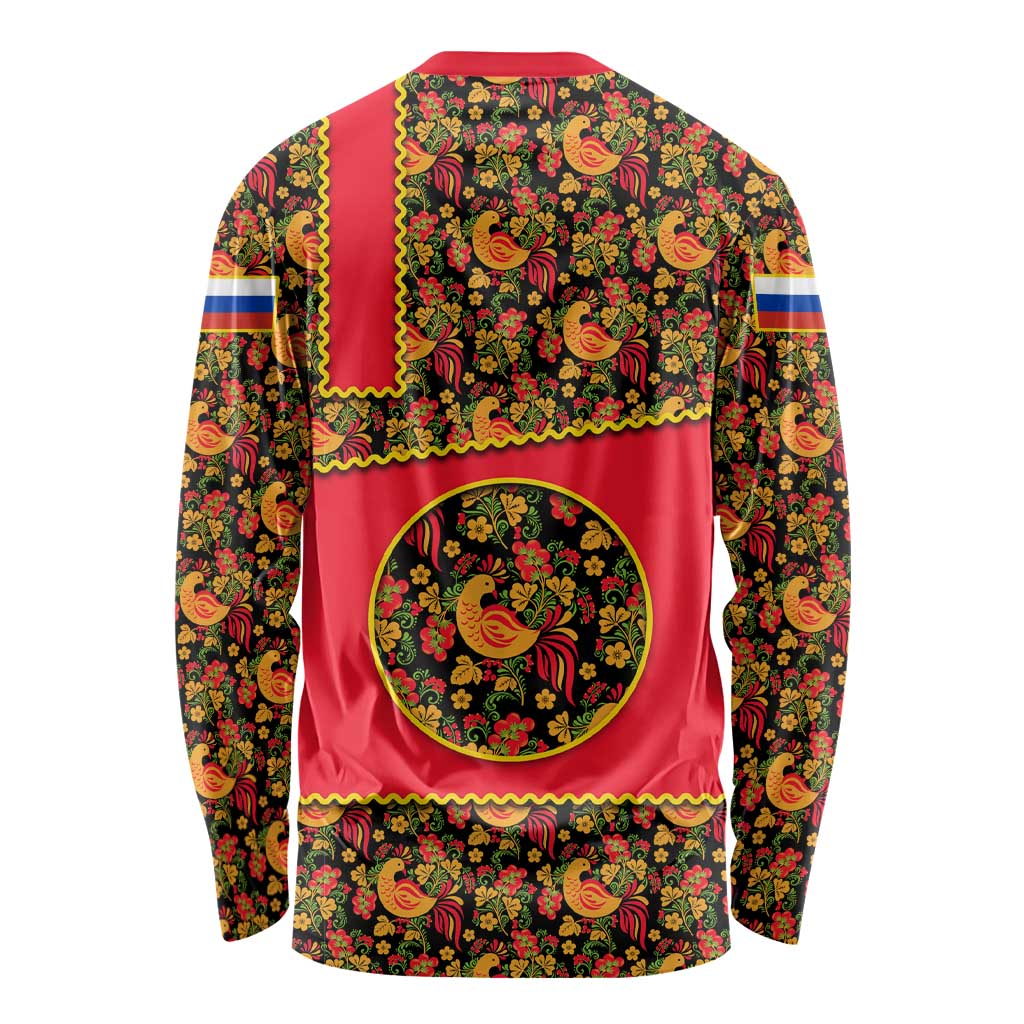 Russia Folk Art Long Sleeve Shirt with Khokhloma Pattern and Traditional Rooster Design