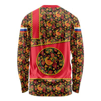 Russia Folk Art Long Sleeve Shirt with Khokhloma Pattern and Traditional Rooster Design