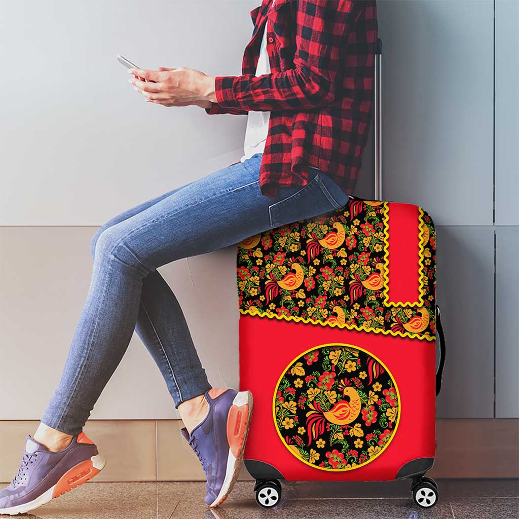 Russia Folk Art Luggage Cover with Khokhloma Pattern and Traditional Rooster Design