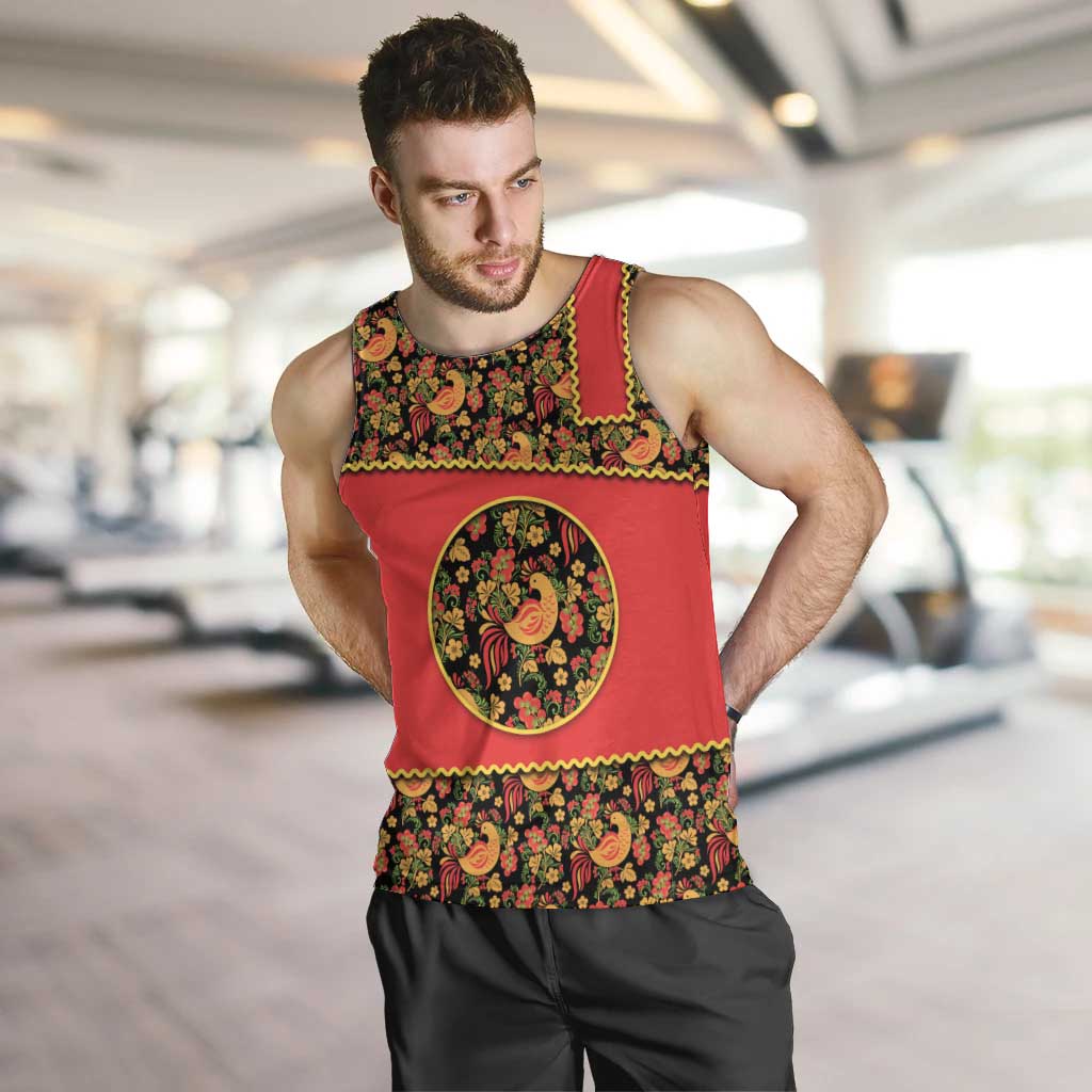 Russia Folk Art Men Tank Top with Khokhloma Pattern and Traditional Rooster Design