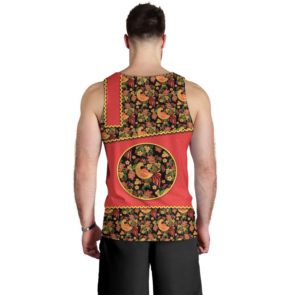 Russia Folk Art Men Tank Top with Khokhloma Pattern and Traditional Rooster Design