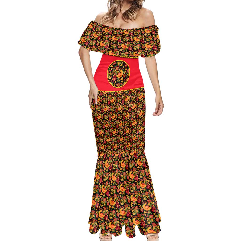 Russia Folk Art Mermaid Dress with Khokhloma Pattern and Traditional Rooster Design