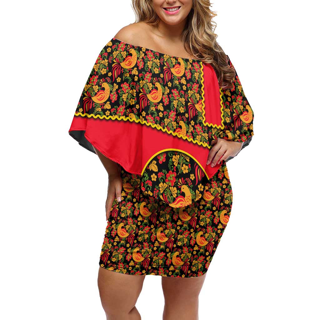 Russia Folk Art Off Shoulder Short Dress with Khokhloma Pattern and Traditional Rooster Design
