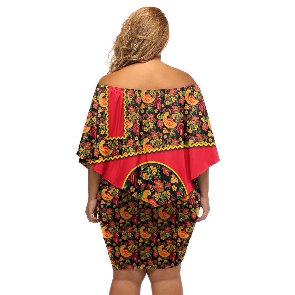 Russia Folk Art Off Shoulder Short Dress with Khokhloma Pattern and Traditional Rooster Design