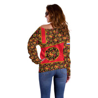 Russia Folk Art Off Shoulder Sweater with Khokhloma Pattern and Traditional Rooster Design