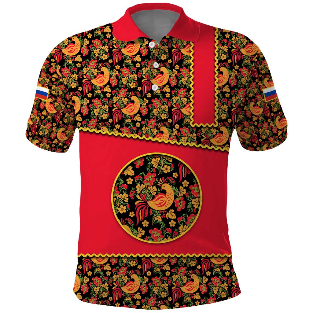 Russia Folk Art Polo Shirt with Khokhloma Pattern and Traditional Rooster Design