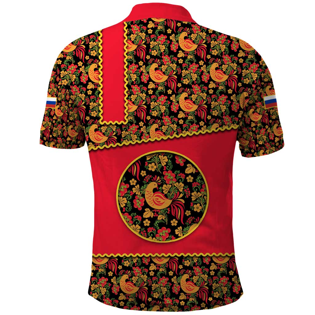 Russia Folk Art Polo Shirt with Khokhloma Pattern and Traditional Rooster Design