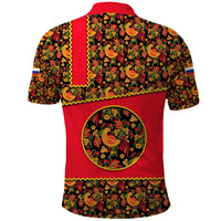 Russia Folk Art Polo Shirt with Khokhloma Pattern and Traditional Rooster Design