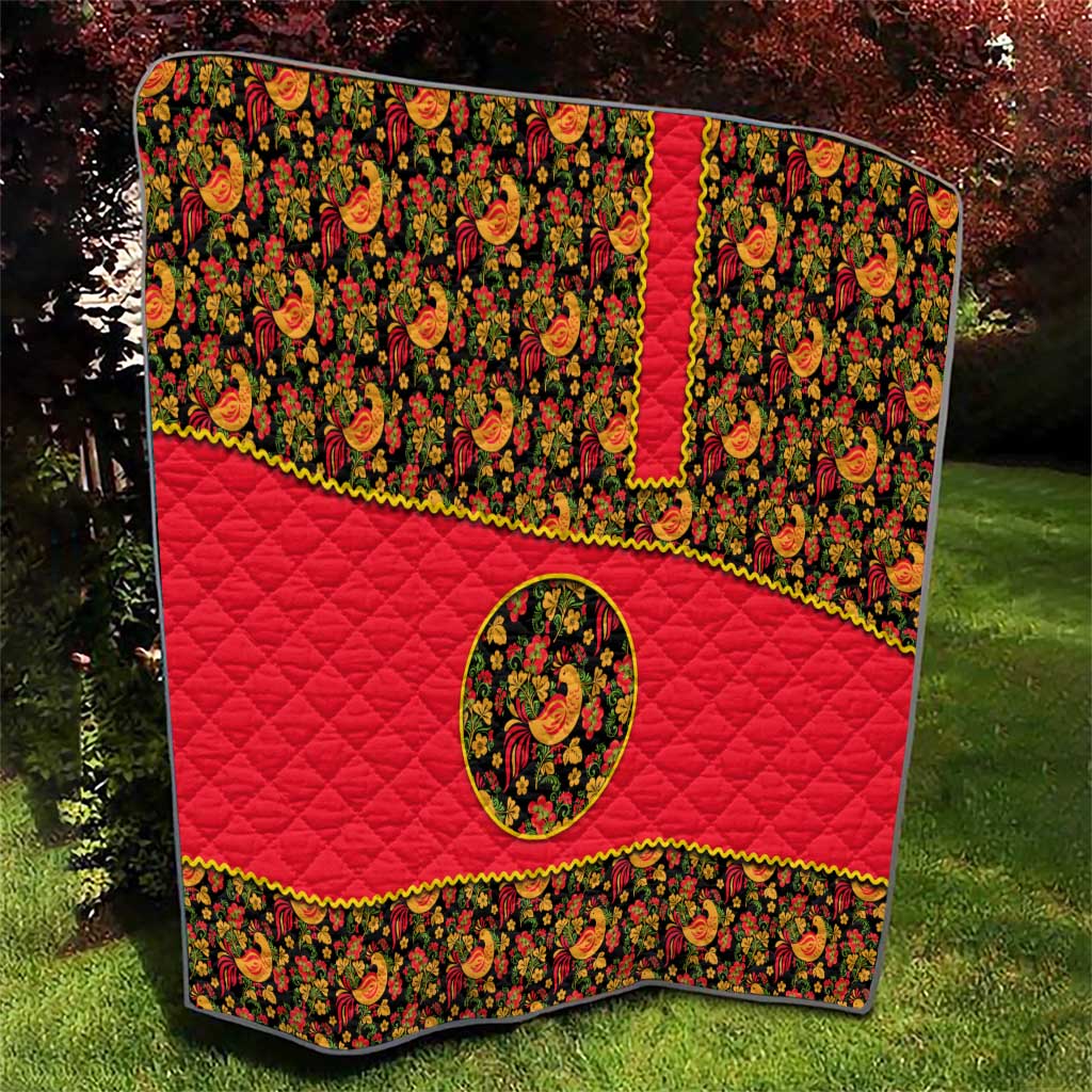 Russia Folk Art Quilt with Khokhloma Pattern and Traditional Rooster Design