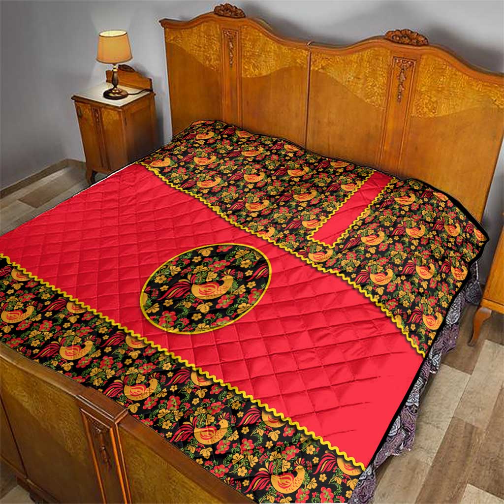 Russia Folk Art Quilt with Khokhloma Pattern and Traditional Rooster Design