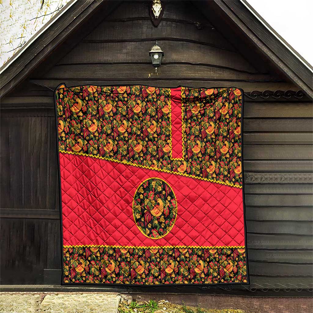 Russia Folk Art Quilt with Khokhloma Pattern and Traditional Rooster Design