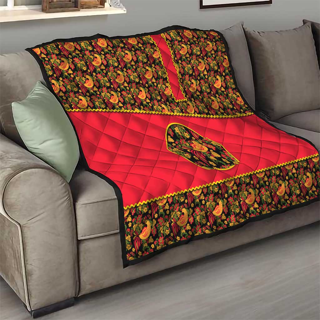 Russia Folk Art Quilt with Khokhloma Pattern and Traditional Rooster Design