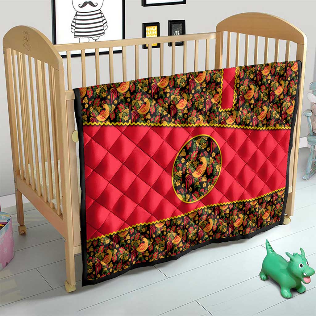 Russia Folk Art Quilt with Khokhloma Pattern and Traditional Rooster Design