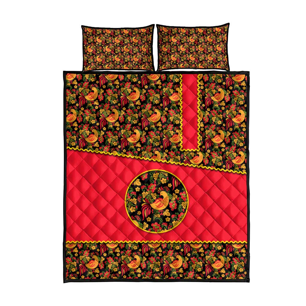 Russia Folk Art Quilt Bed Set with Khokhloma Pattern and Traditional Rooster Design