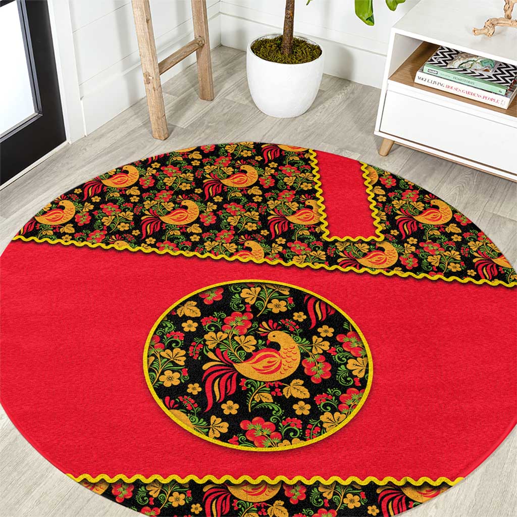 Russia Folk Art Round Carpet with Khokhloma Pattern and Traditional Rooster Design