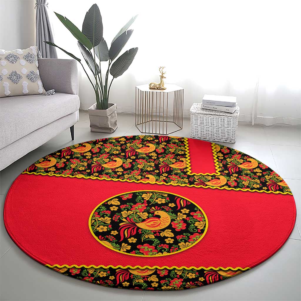 Russia Folk Art Round Carpet with Khokhloma Pattern and Traditional Rooster Design