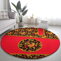 Russia Folk Art Round Carpet with Khokhloma Pattern and Traditional Rooster Design