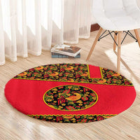 Russia Folk Art Round Carpet with Khokhloma Pattern and Traditional Rooster Design