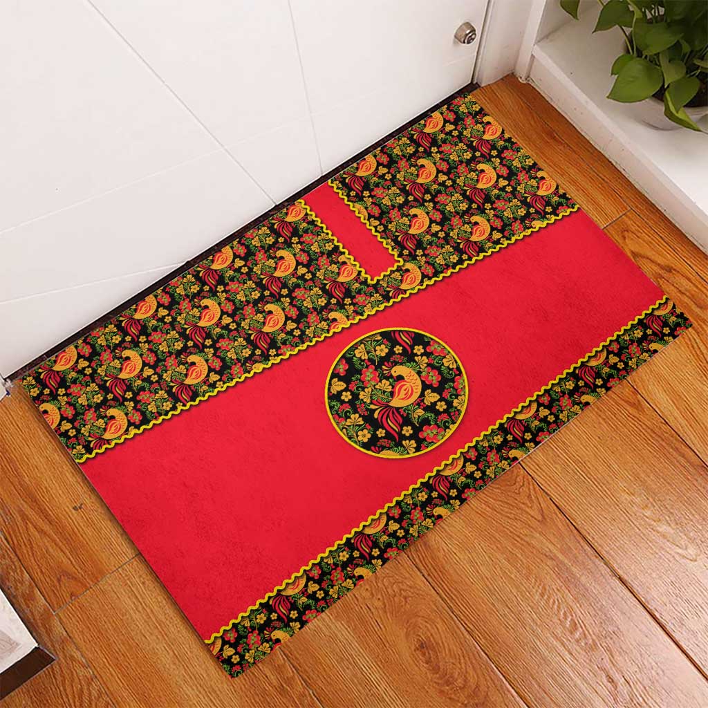 Russia Folk Art Rubber Doormat with Khokhloma Pattern and Traditional Rooster Design