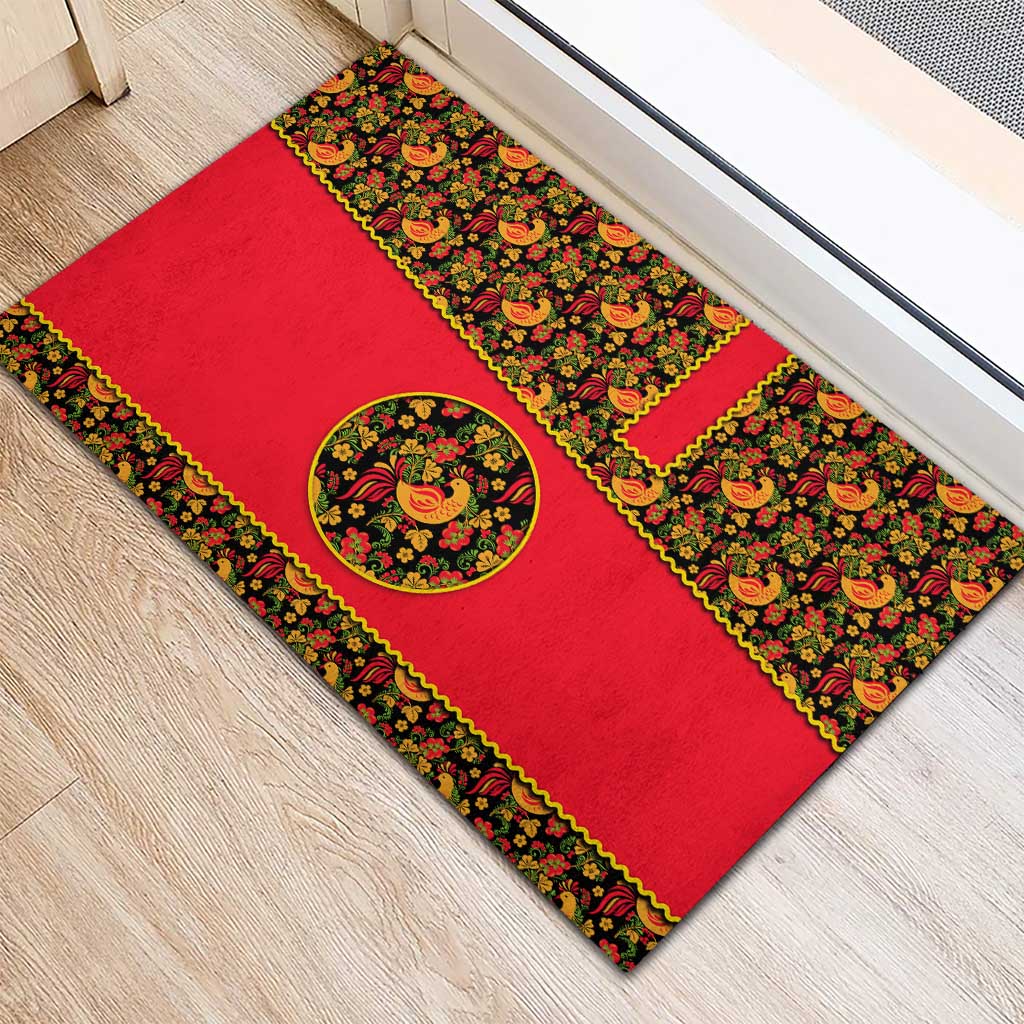 Russia Folk Art Rubber Doormat with Khokhloma Pattern and Traditional Rooster Design