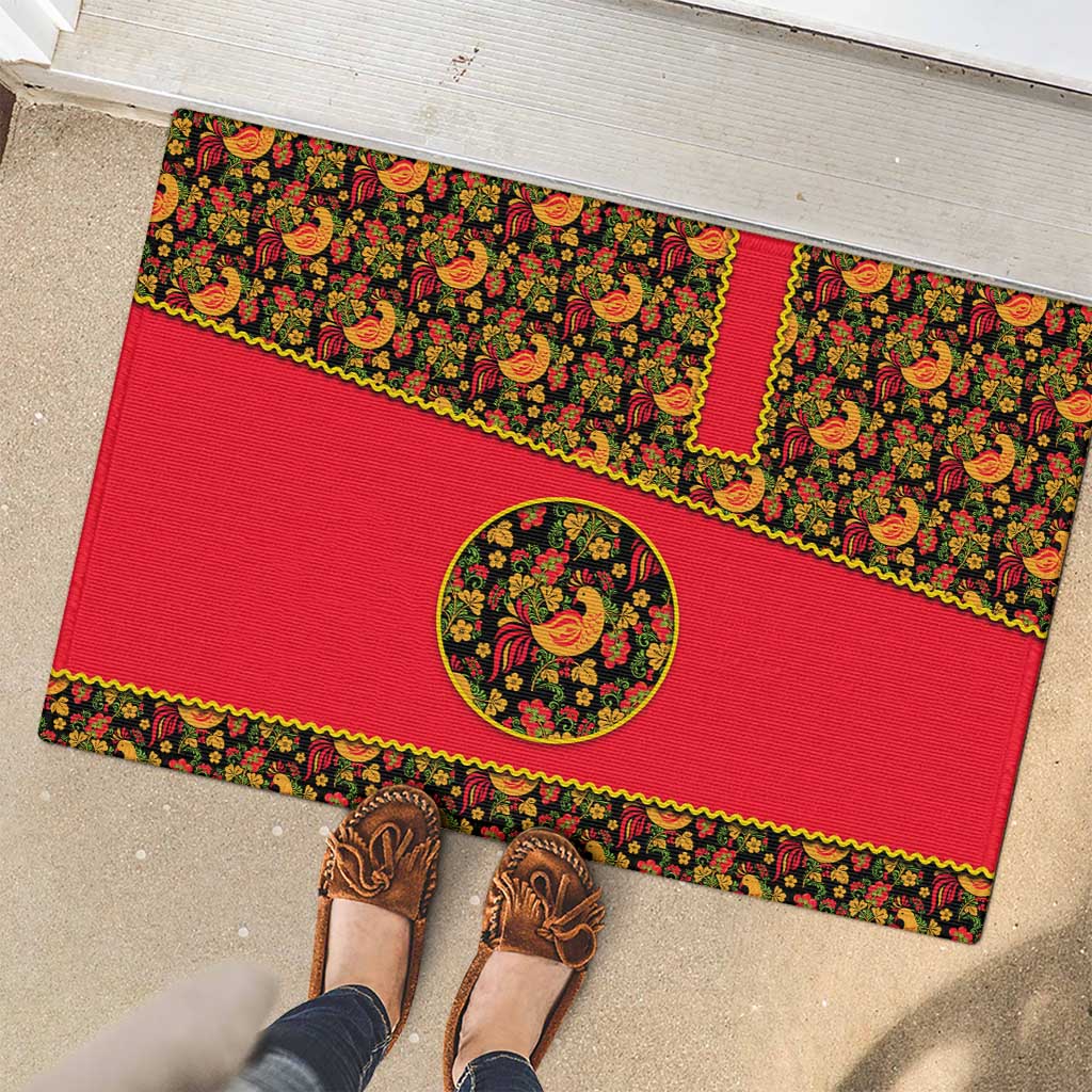 Russia Folk Art Rubber Doormat with Khokhloma Pattern and Traditional Rooster Design