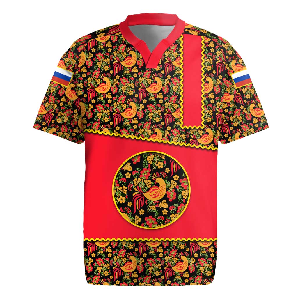 Russia Folk Art Rugby Jersey with Khokhloma Pattern and Traditional Rooster Design