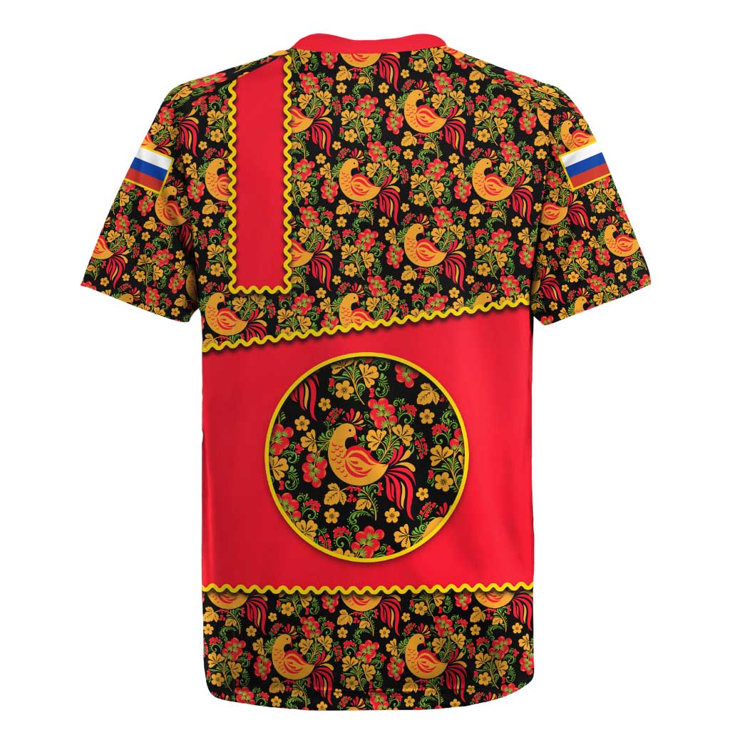 Russia Folk Art Rugby Jersey with Khokhloma Pattern and Traditional Rooster Design