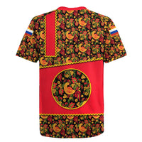 Russia Folk Art Rugby Jersey with Khokhloma Pattern and Traditional Rooster Design