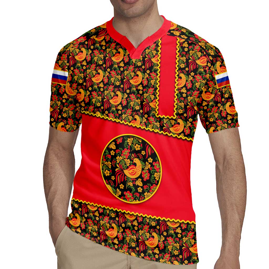 Russia Folk Art Rugby Jersey with Khokhloma Pattern and Traditional Rooster Design