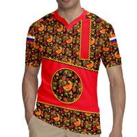 Russia Folk Art Rugby Jersey with Khokhloma Pattern and Traditional Rooster Design