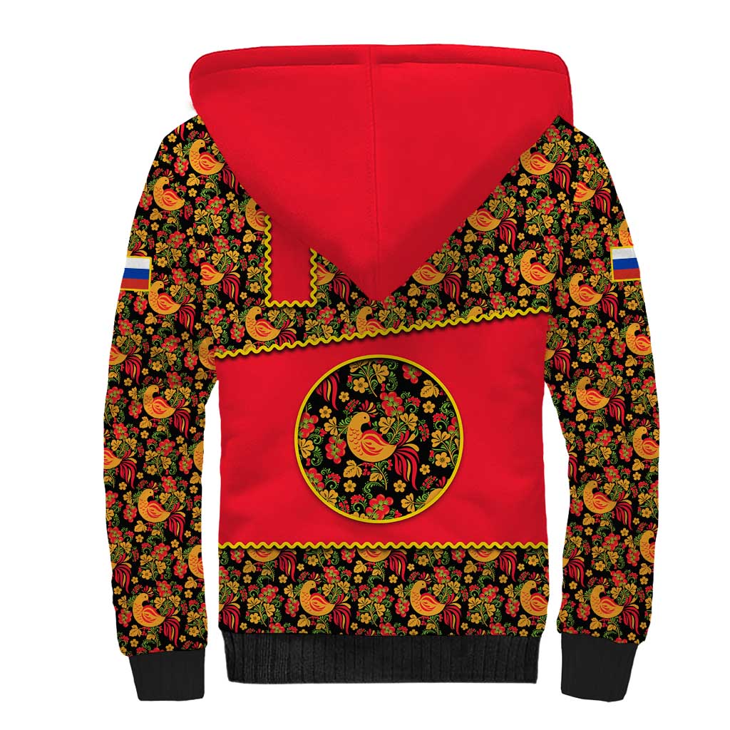 Russia Folk Art Sherpa Hoodie with Khokhloma Pattern and Traditional Rooster Design