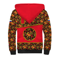Russia Folk Art Sherpa Hoodie with Khokhloma Pattern and Traditional Rooster Design