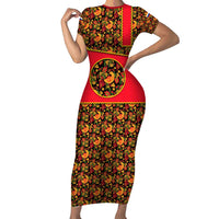 Russia Folk Art Short Sleeve Bodycon Dress with Khokhloma Pattern and Traditional Rooster Design