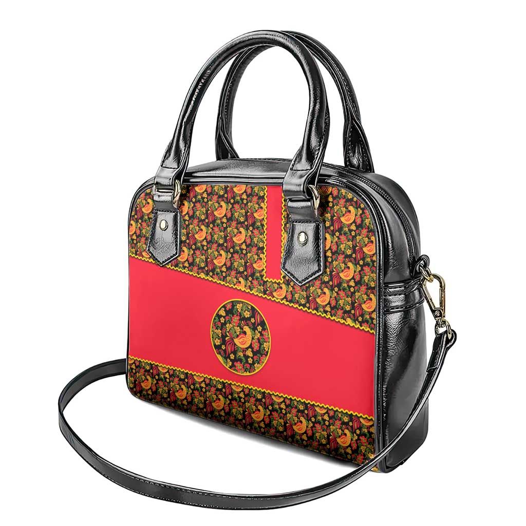 Russia Folk Art Shoulder Handbag with Khokhloma Pattern and Traditional Rooster Design